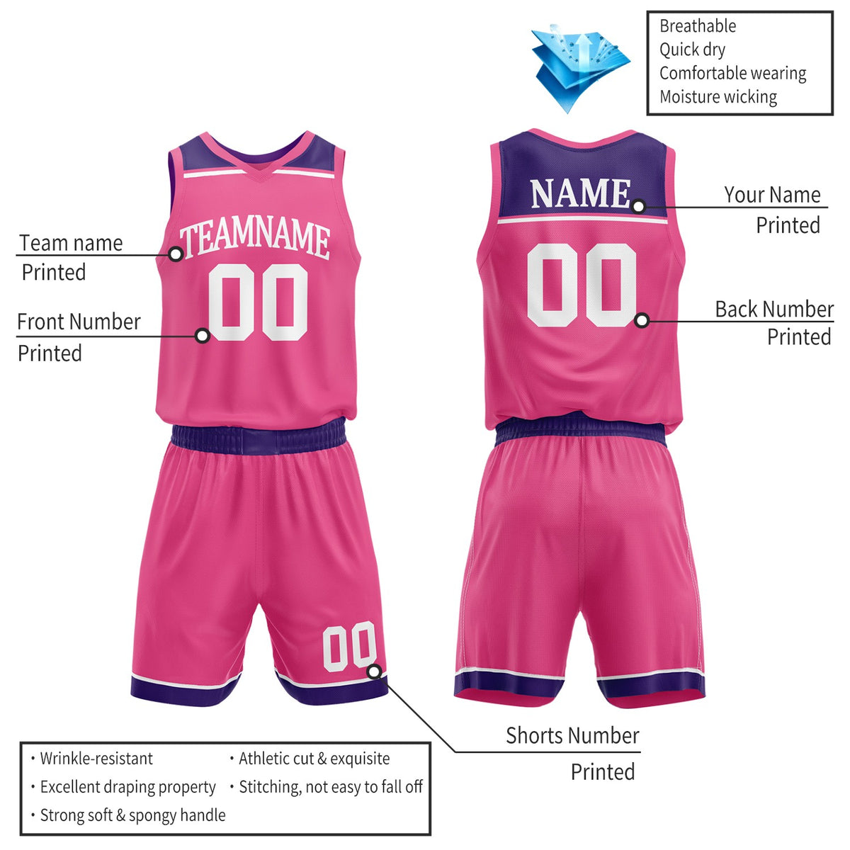 Custom Purple & Hot Pink Double Sided Basketball Jersey Set | Wholesale Women Team Uniform