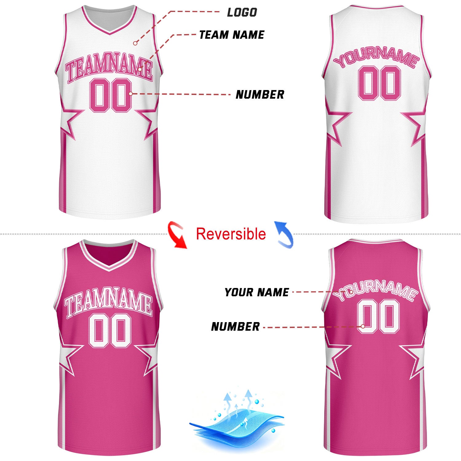 Custom White & Hot Pink Star Reversible Basketball Uniform Set | Breathable Mesh Jersey & Shorts