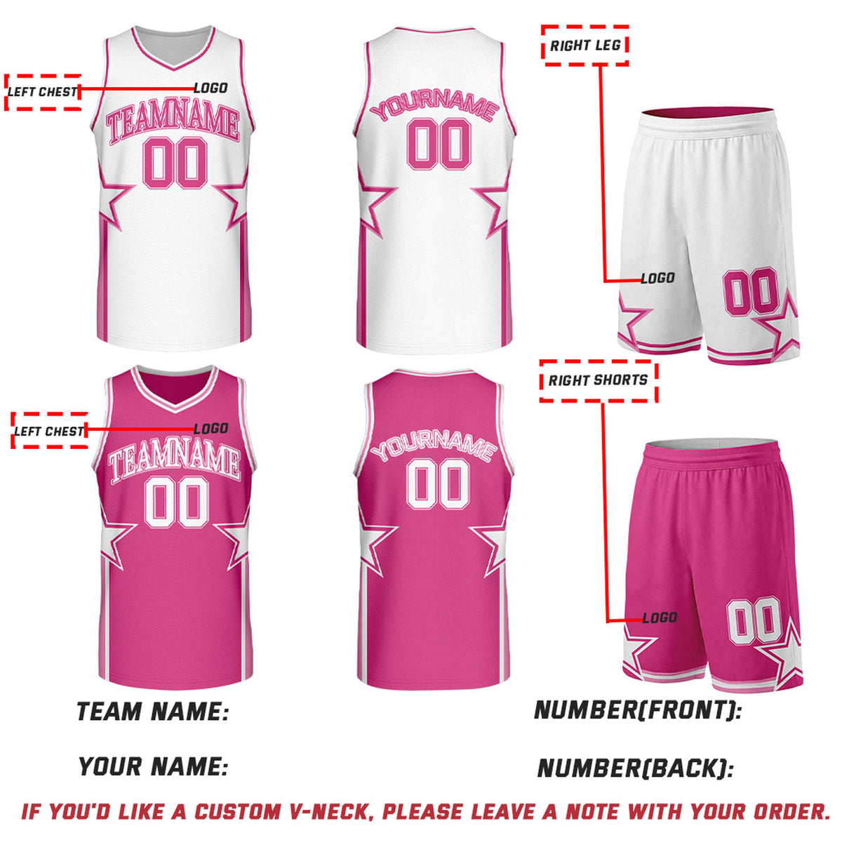 Custom White & Hot Pink Star Reversible Basketball Uniform Set | Breathable Mesh Jersey & Shorts