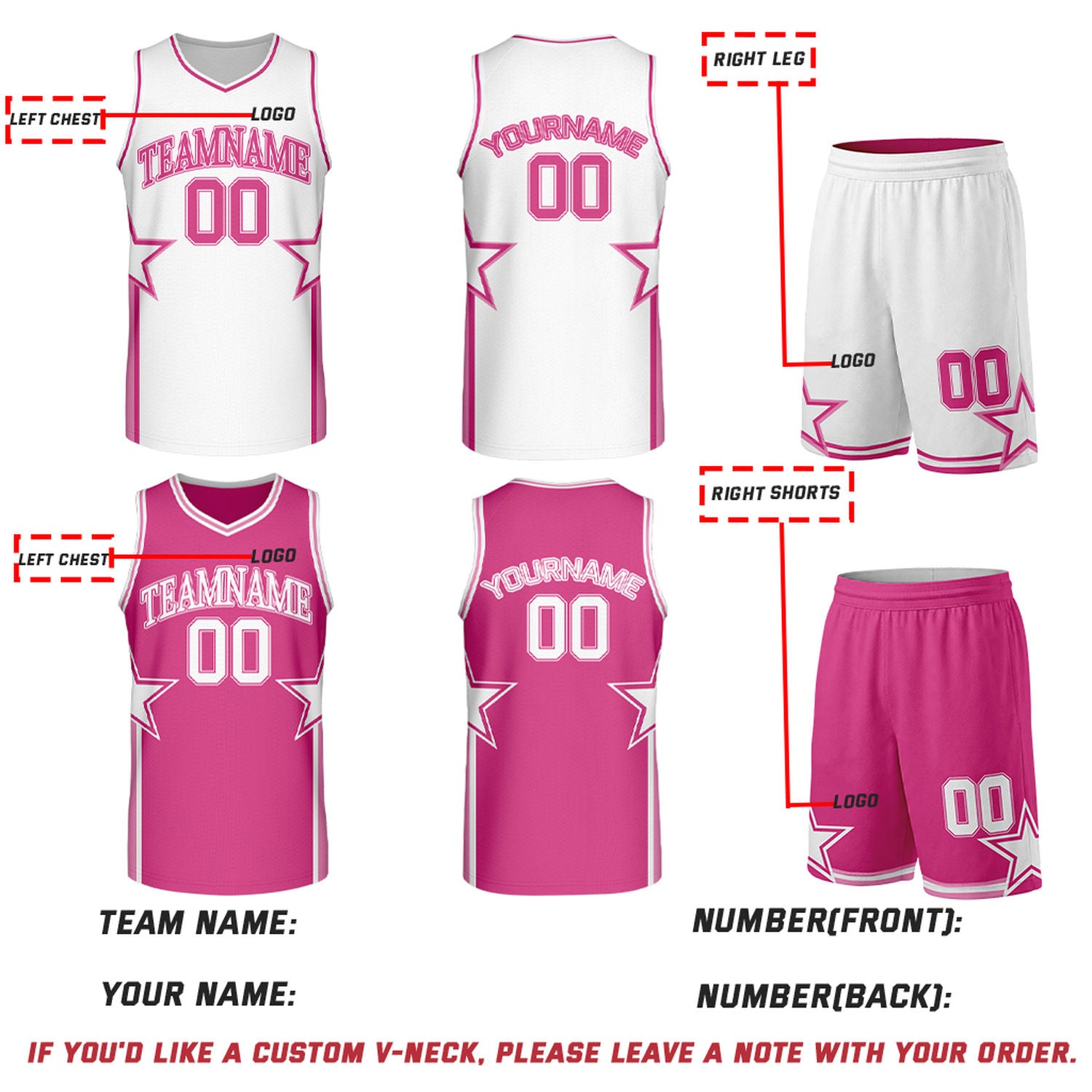 Custom White & Hot Pink Star Reversible Basketball Uniform Set | Breathable Mesh Jersey & Shorts