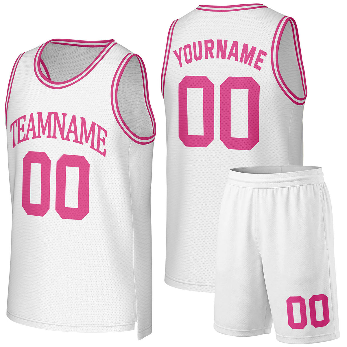 Custom women's basketball uniforms white‑pink by Vosoli, personalized team name, number & logo, quick‑dry mesh fabric for women game‑ready basketball team outfits