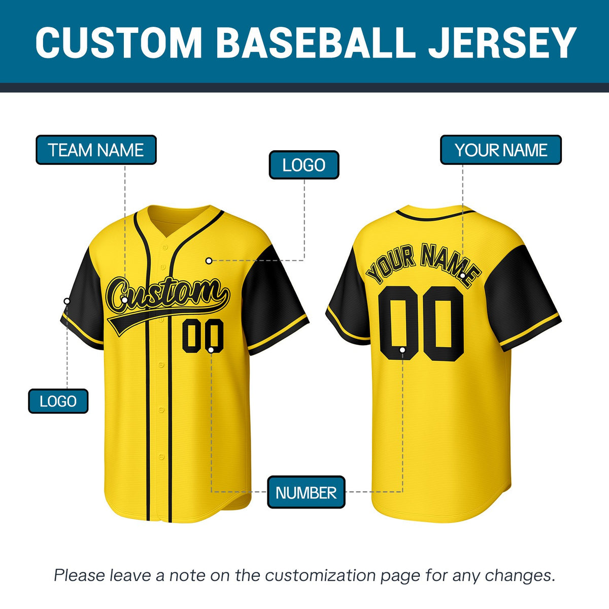Custom Stitched Baseball Jersey Yellow Black | Personalized Name & Number | Team Uniform