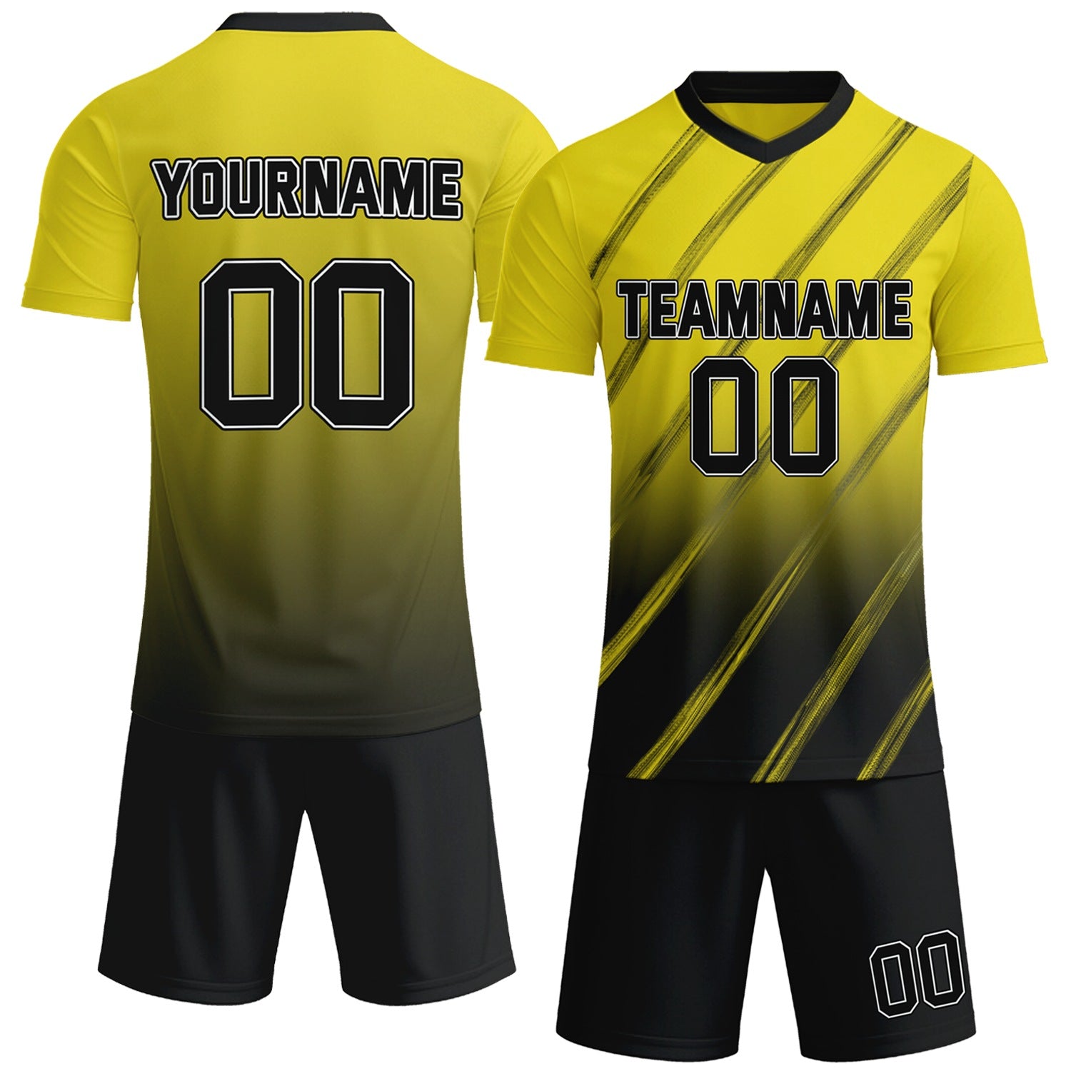 Custom yellow & black gradient soccer jersey set, personalized name number team logo, short-sleeve jersey with matching shorts sports uniform for men women youth adult game practice - Vosoli
