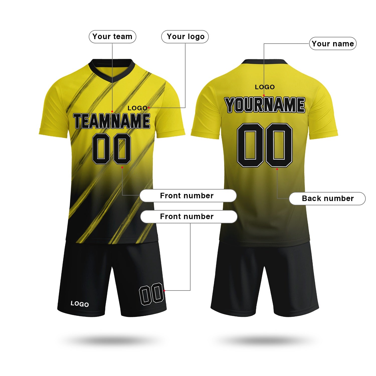 Custom yellow & black gradient soccer jersey set, personalized name number team logo, short-sleeve jersey with matching shorts sports uniform for men women youth adult game practice - Vosoli