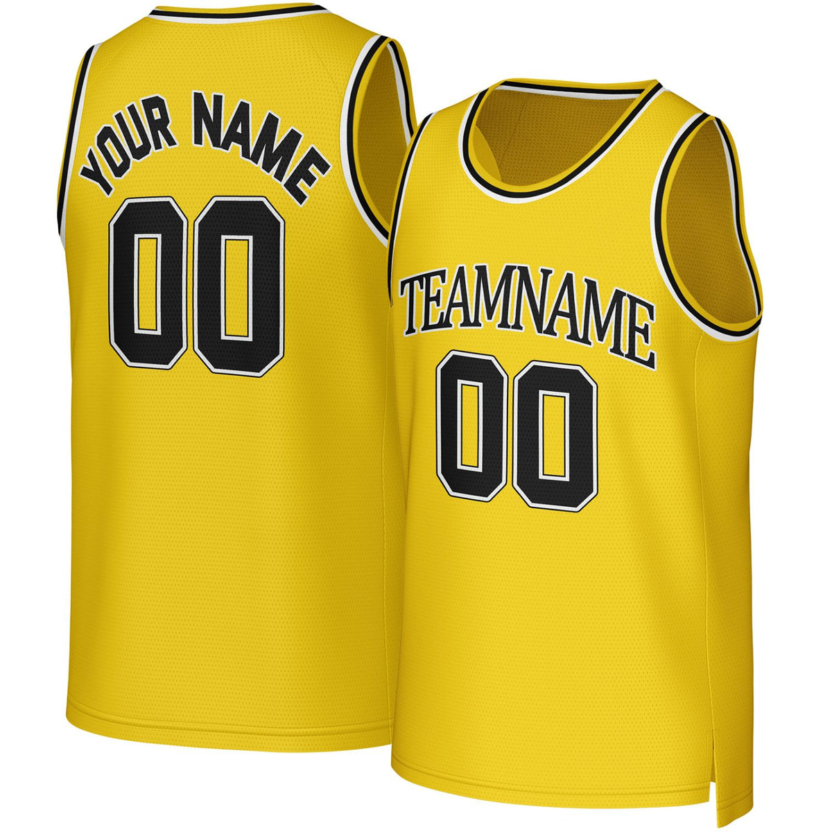Custom yellow & black basketball jersey by Vosoli. Personalized with team name, player name, number, and logo. Breathable mesh jersey for high school, college, AAU teams.