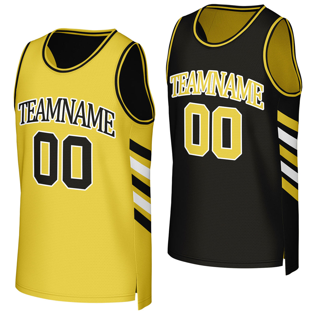 Custom yellow & black reversible basketball jersey by Vosoli. Personalized with team name, player name, number, and logo on both sides. Breathable mesh 2-in-1 jersey for high school, college, AAU teams.