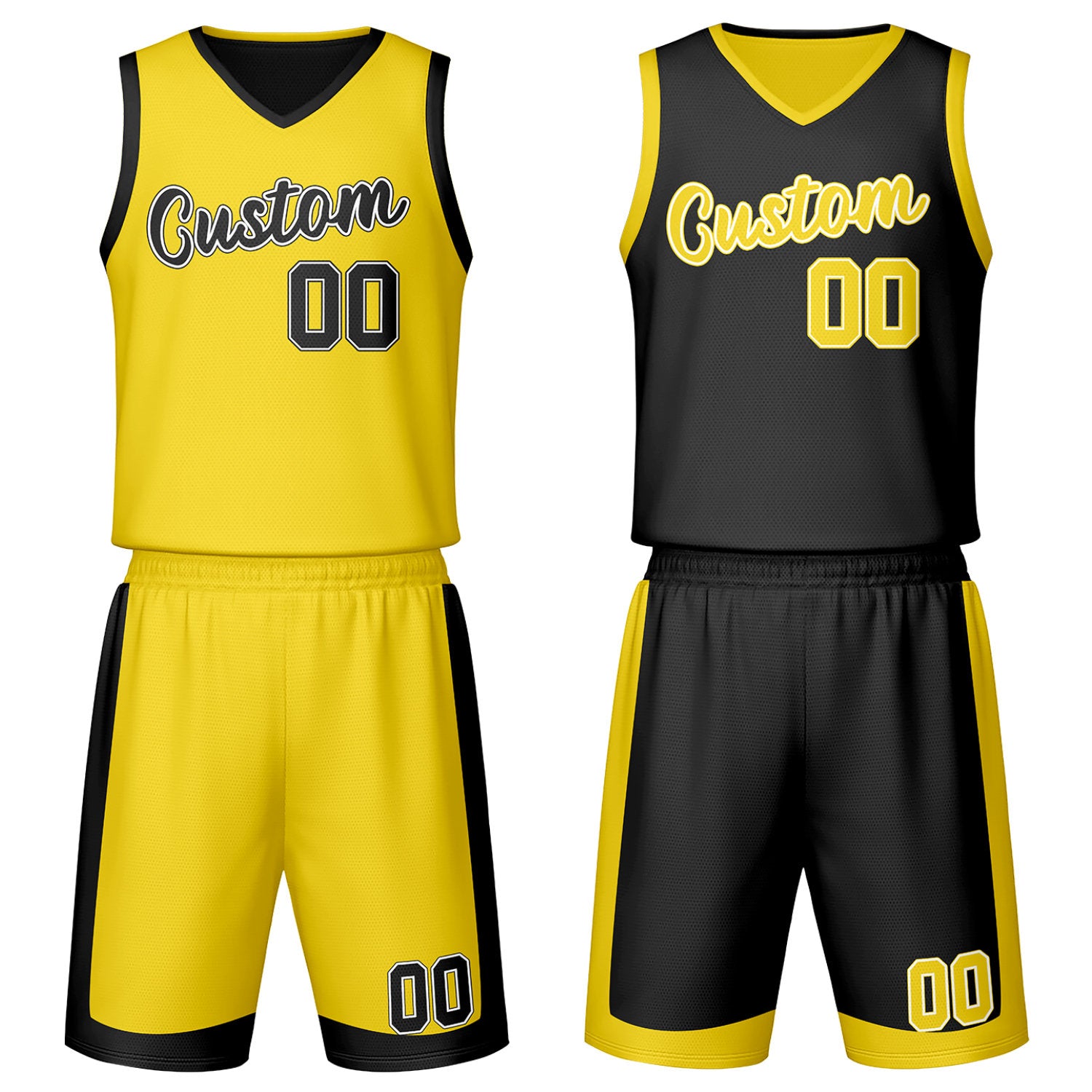 Custom yellow & black reversible basketball jersey set with shorts by Vosoli | Personalized team name, number & logo | Breathable mesh sport jersey uniform