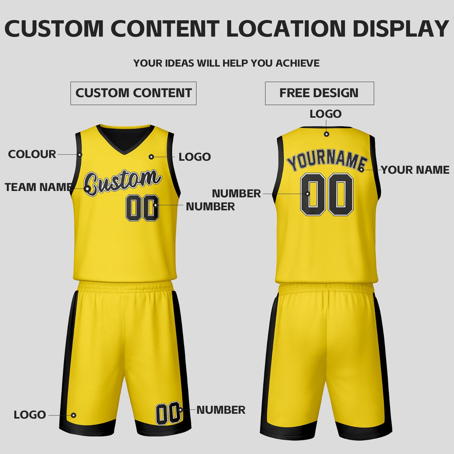 Custom Yellow Black Reversible Basketball Jersey Set | Personalized Name Number Mesh Sports Uniform
