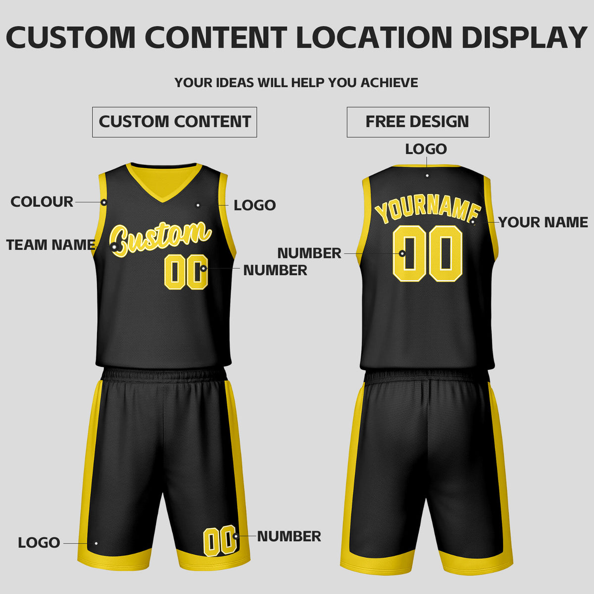 Custom Yellow Black Reversible Basketball Jersey Set | Personalized Name Number Mesh Sports Uniform
