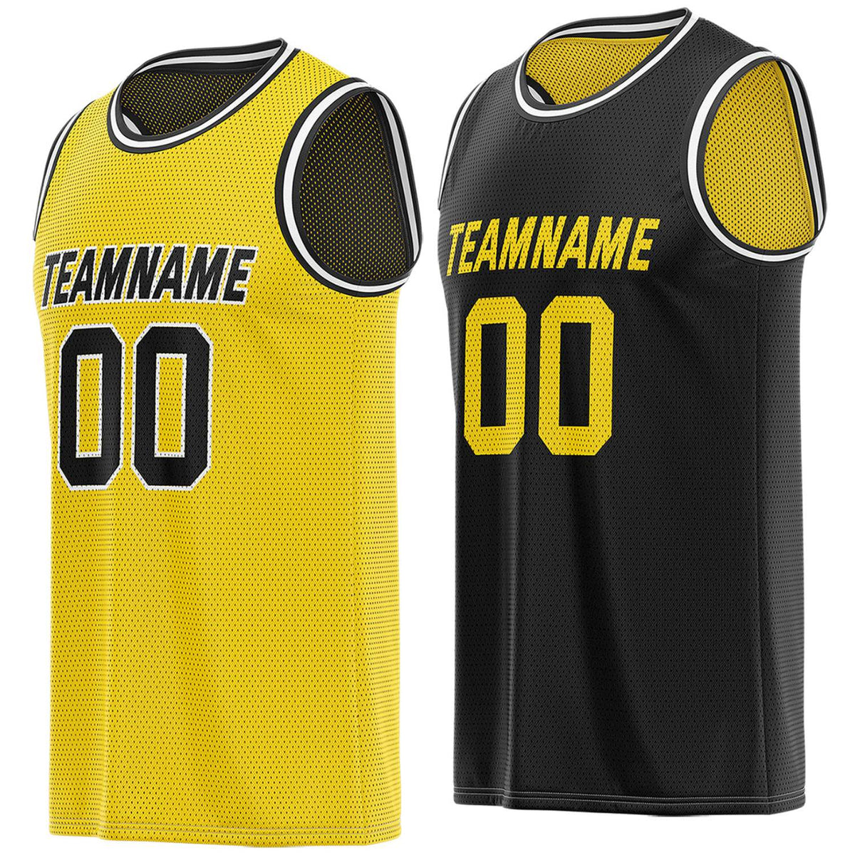 Custom yellow &amp; black reversible basketball jersey, personalized team name number breathable mesh sports top with white trim for men women youth game practice - Vosoli
