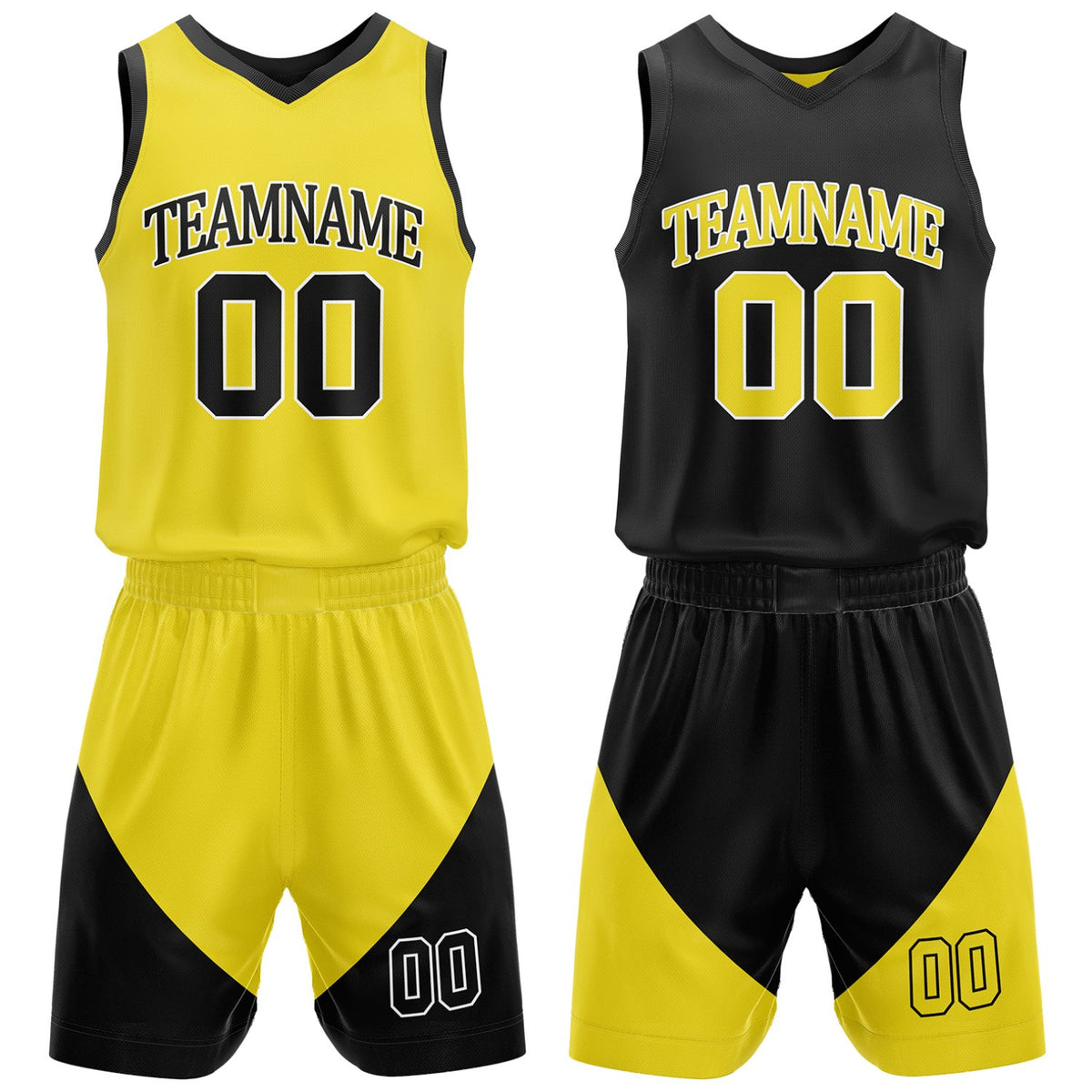 Custom yellow and black reversible basketball uniform by Vosoli. Personalized with team name, number, and logo. Breathable mesh jersey and shorts for high school, college, AAU teams.