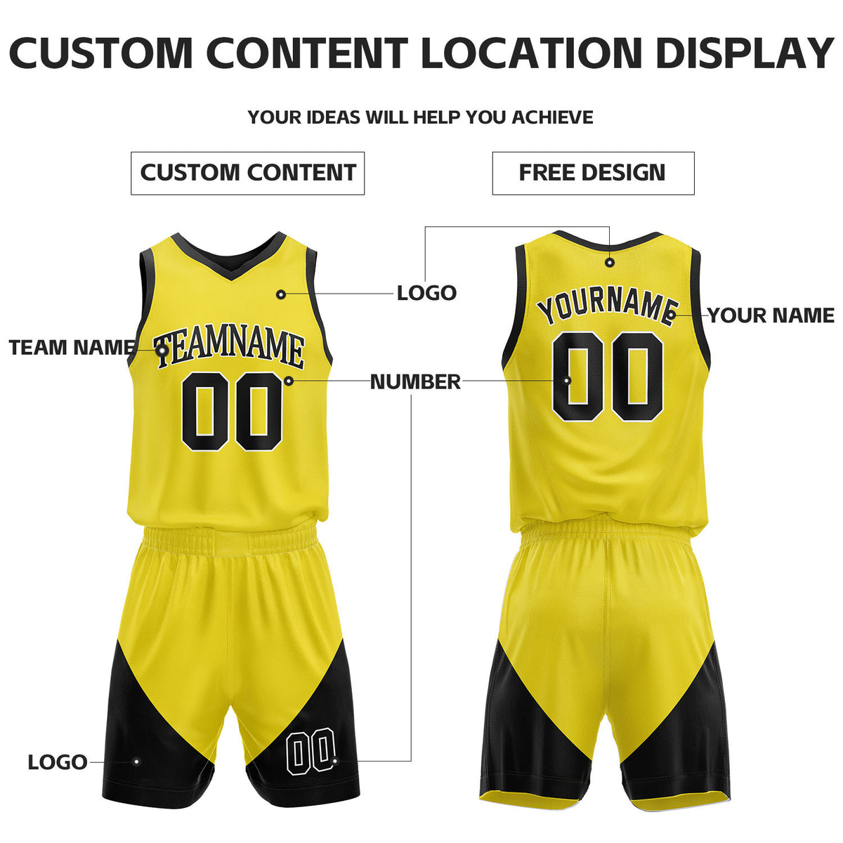 Custom Yellow & Black Reversible Basketball Uniform Set | Personalized Name Number Sports Jersey Shorts Kit