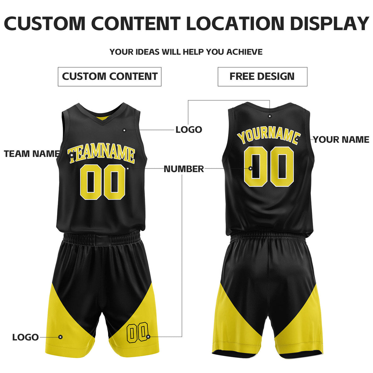 Custom Yellow & Black Reversible Basketball Uniform Set | Personalized Name Number Sports Jersey Shorts Kit