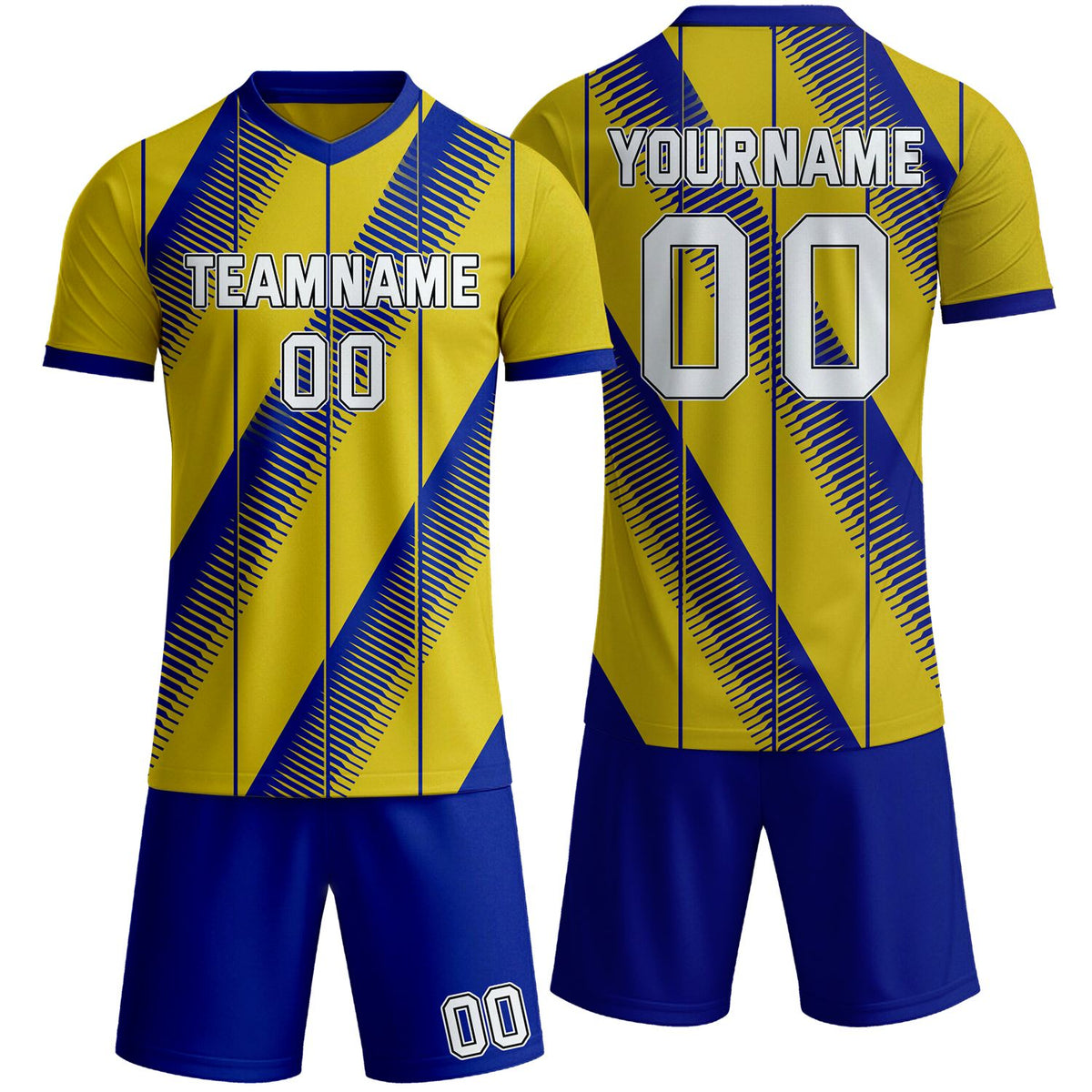 Custom yellow &amp; blue diagonal stripe soccer jersey set, personalized name number team logo, short-sleeve jersey with matching shorts sports uniform for men women youth adult game practice - Vosoli