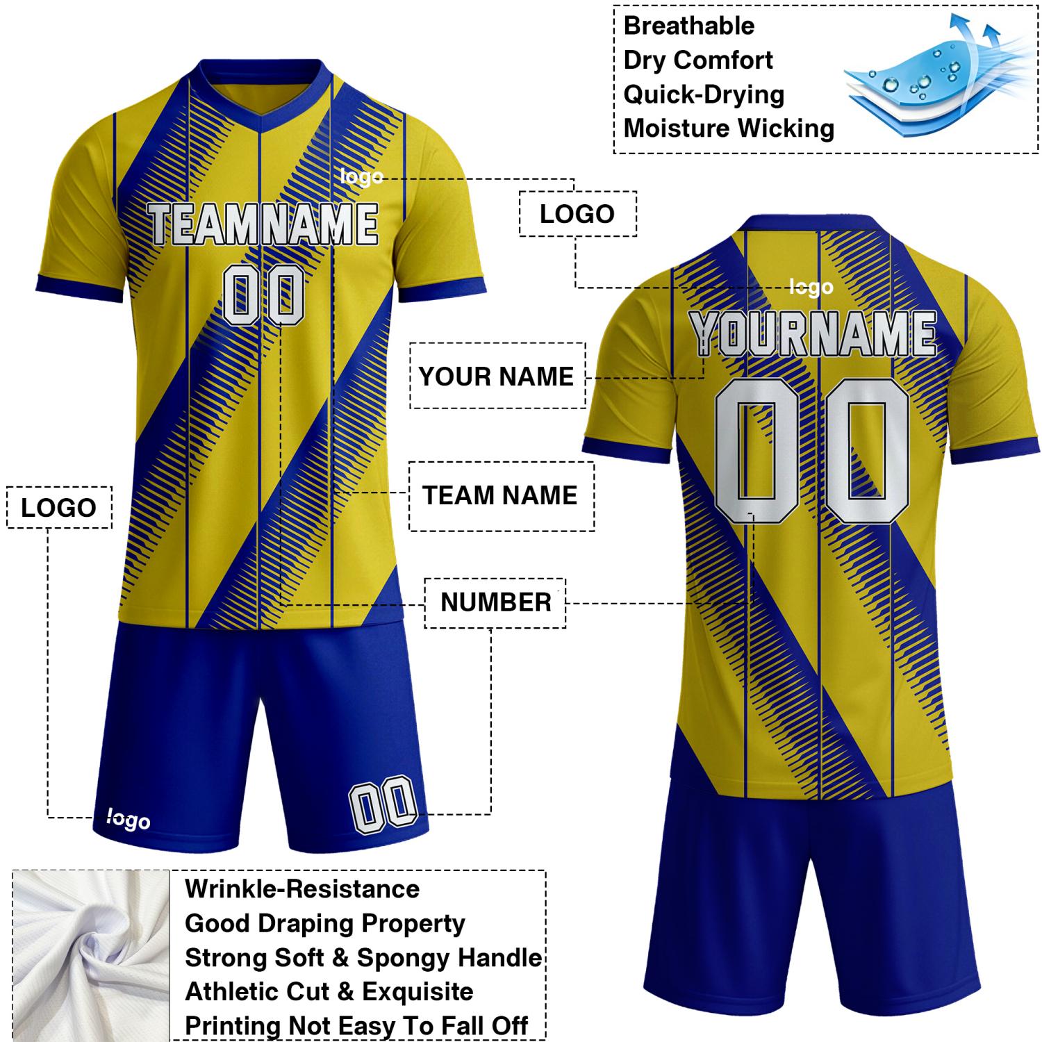 Custom yellow & blue diagonal stripe soccer jersey set, personalized name number team logo, short-sleeve jersey with matching shorts sports uniform for men women youth adult game practice - Vosoli