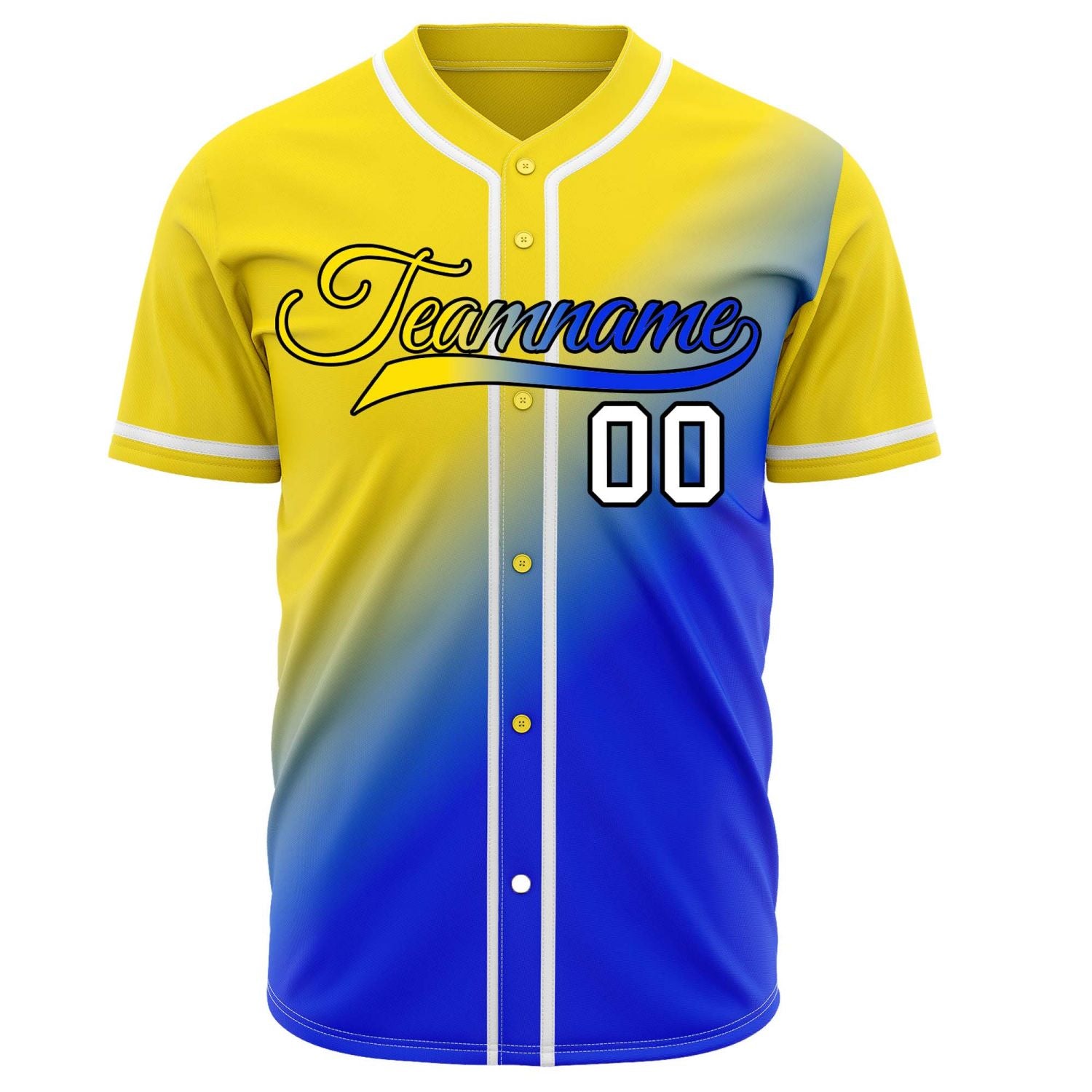Custom yellow-to-blue gradient baseball jersey, personalized with team name and number logo, breathable fabric suitable for men and women - Vosoli
