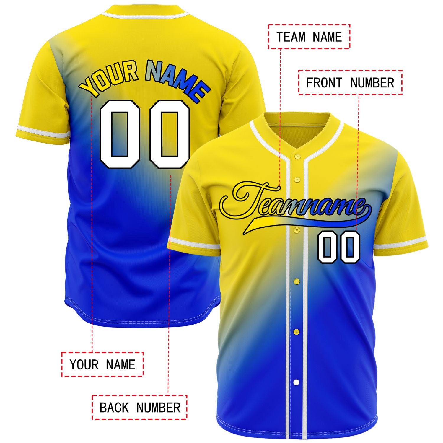 Custom yellow-to-blue gradient baseball jersey, personalized with team name and number logo, breathable fabric suitable for men and women - Vosoli