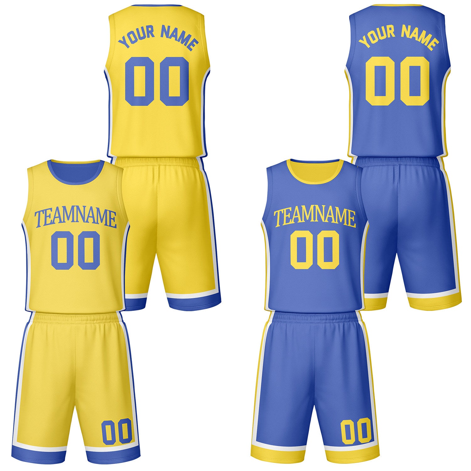 Custom yellow & blue reversible basketball jersey shorts set by Vosoli | Personalized team name number vintage uniform sportswear