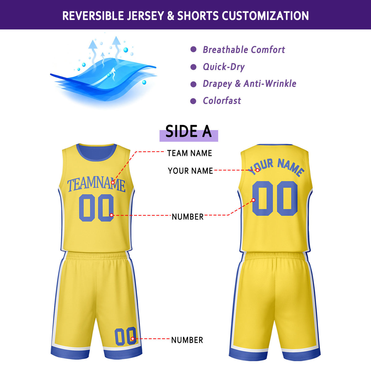 Custom Yellow & Blue Reversible Basketball Jersey Shorts Set | Personalized Team Uniform