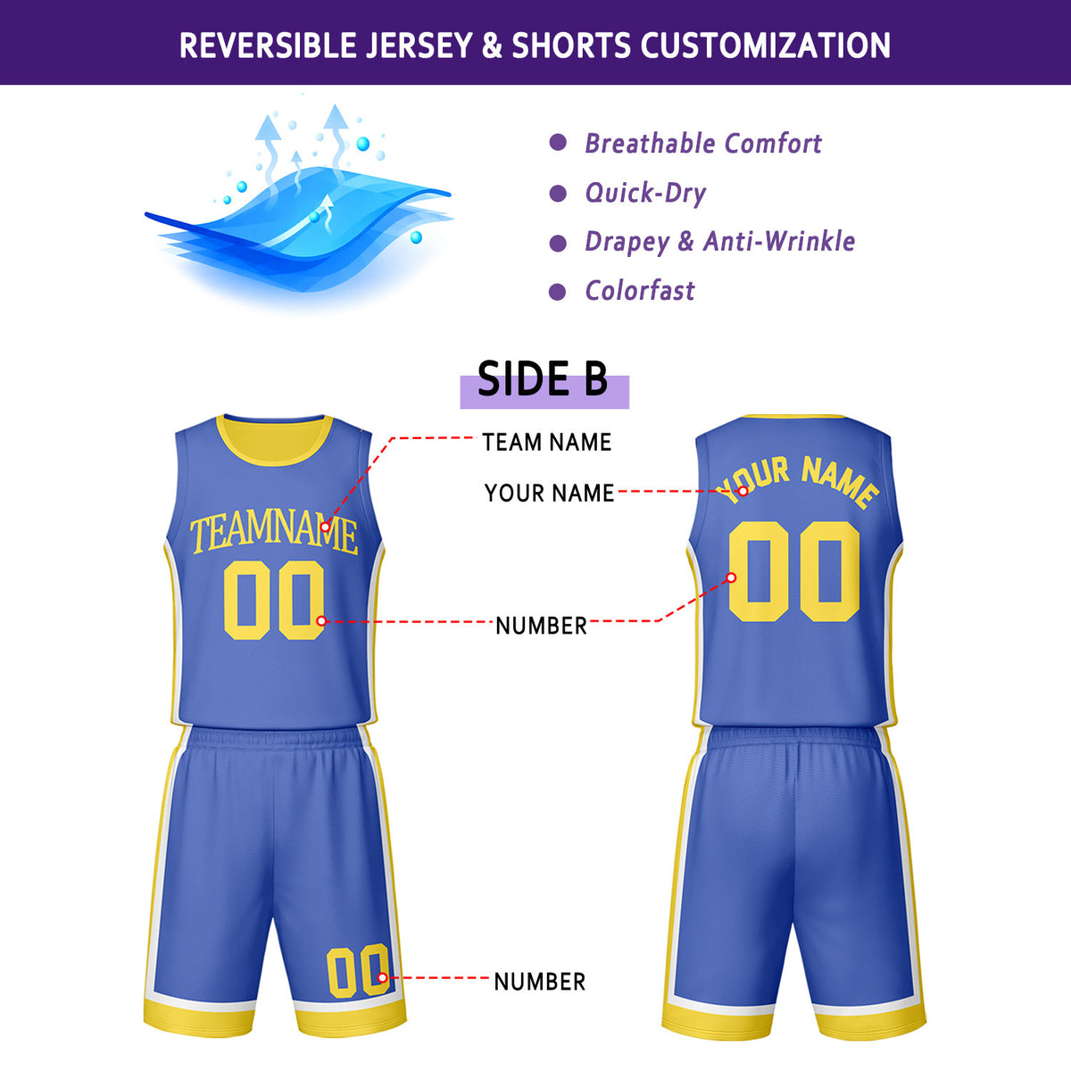 Custom Yellow & Blue Reversible Basketball Jersey Shorts Set | Personalized Team Uniform