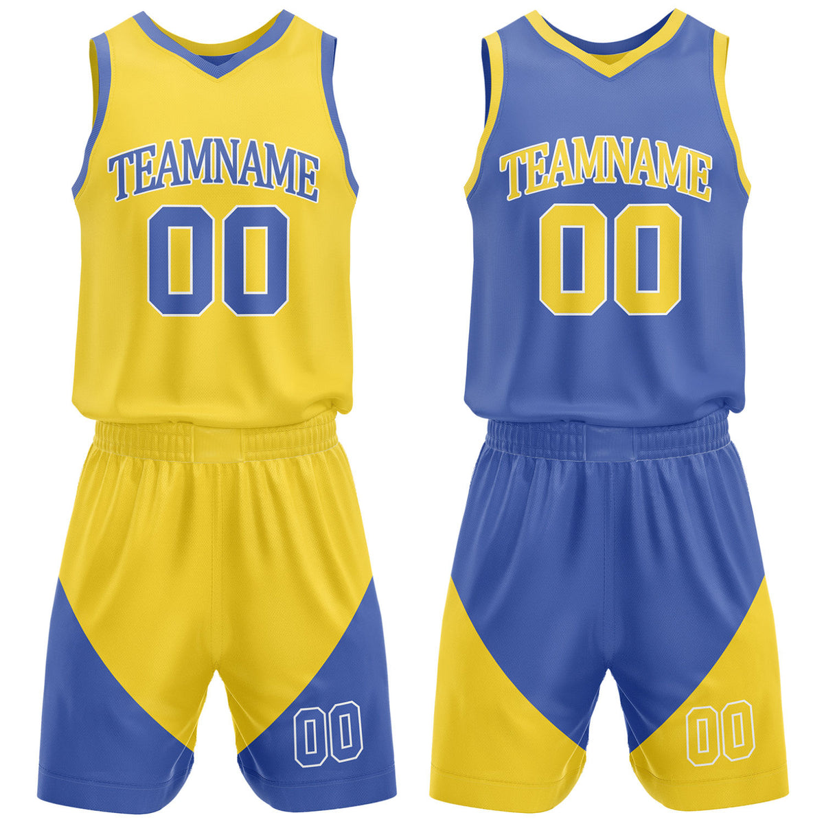 Custom yellow and blue reversible basketball uniform by Vosoli. Personalized with team name, number, and logo. Breathable mesh jersey and shorts for high school, college, AAU teams.