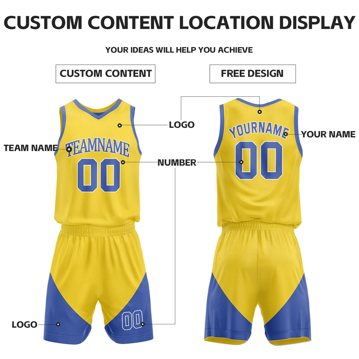 Custom Yellow & Blue Reversible Basketball Uniform Set | Personalized Name Number Sports Jersey Shorts Kit