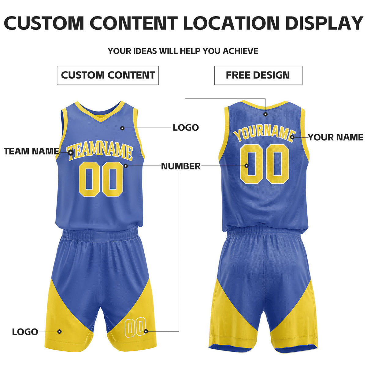 Custom Yellow & Blue Reversible Basketball Uniform Set | Personalized Name Number Sports Jersey Shorts Kit