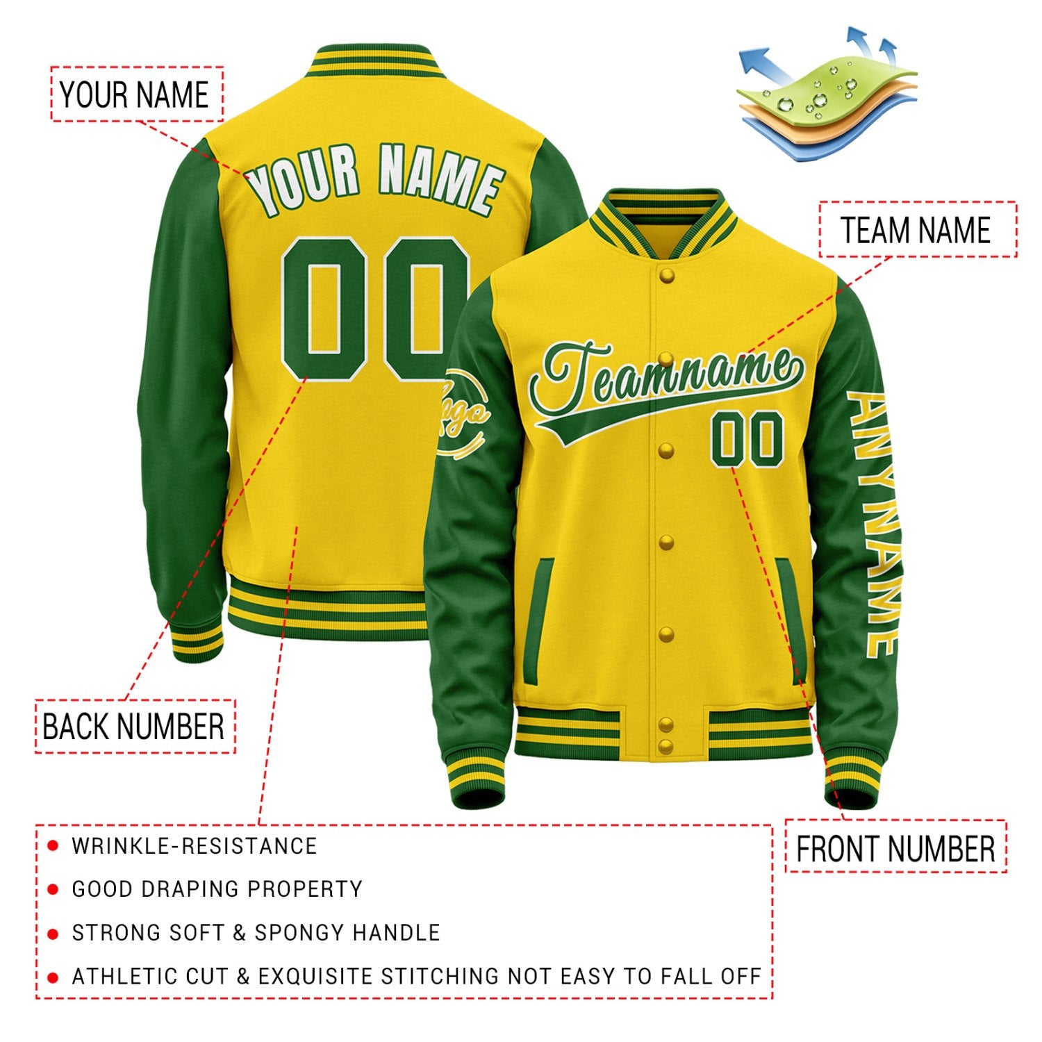 Custom Yellow & Green Two Tone Varsity Letterman Jacket | Personalized Stitched Team Name Number