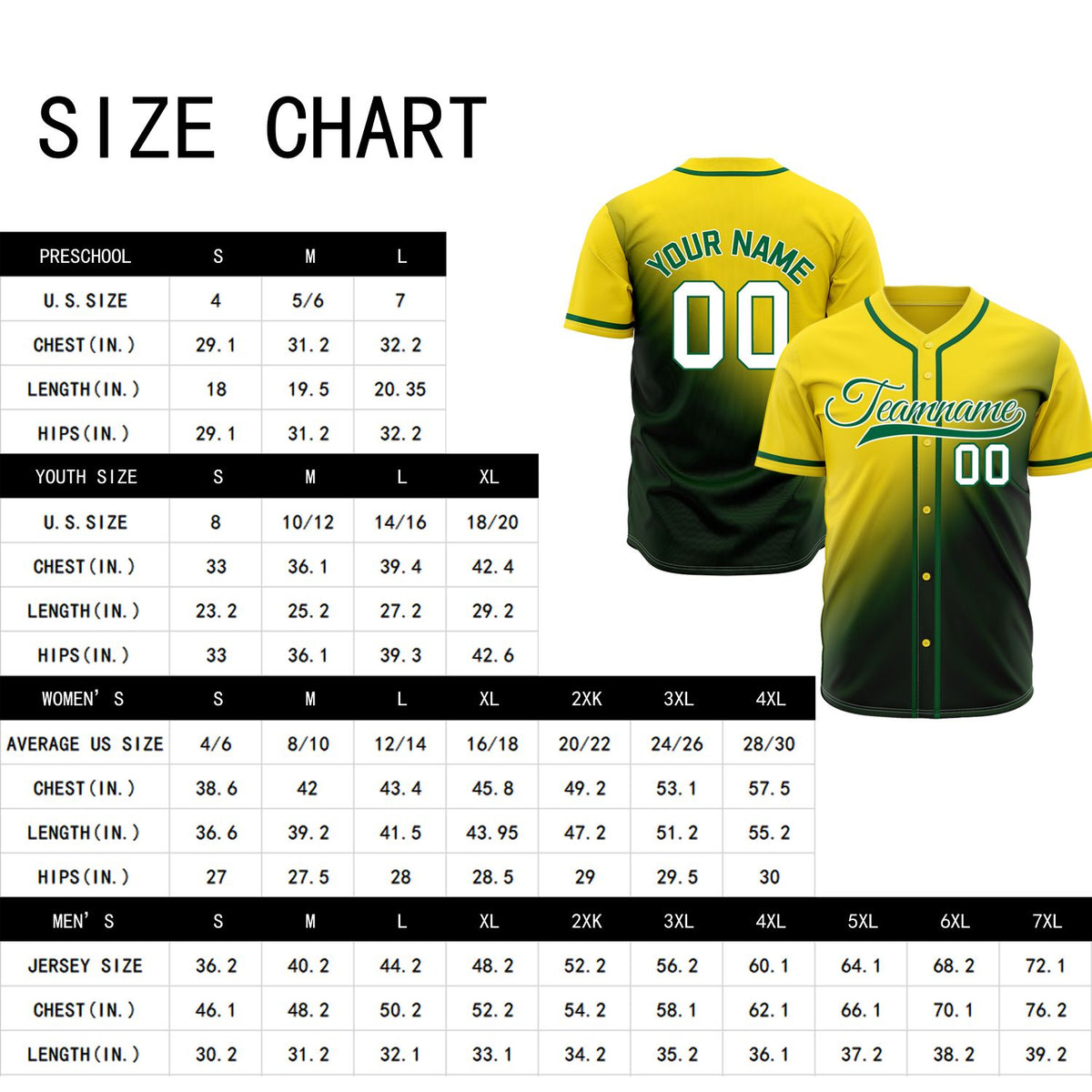 Custom Yellow and Forest Green Gradient Baseball Jersey - Personalized Team Uniforms