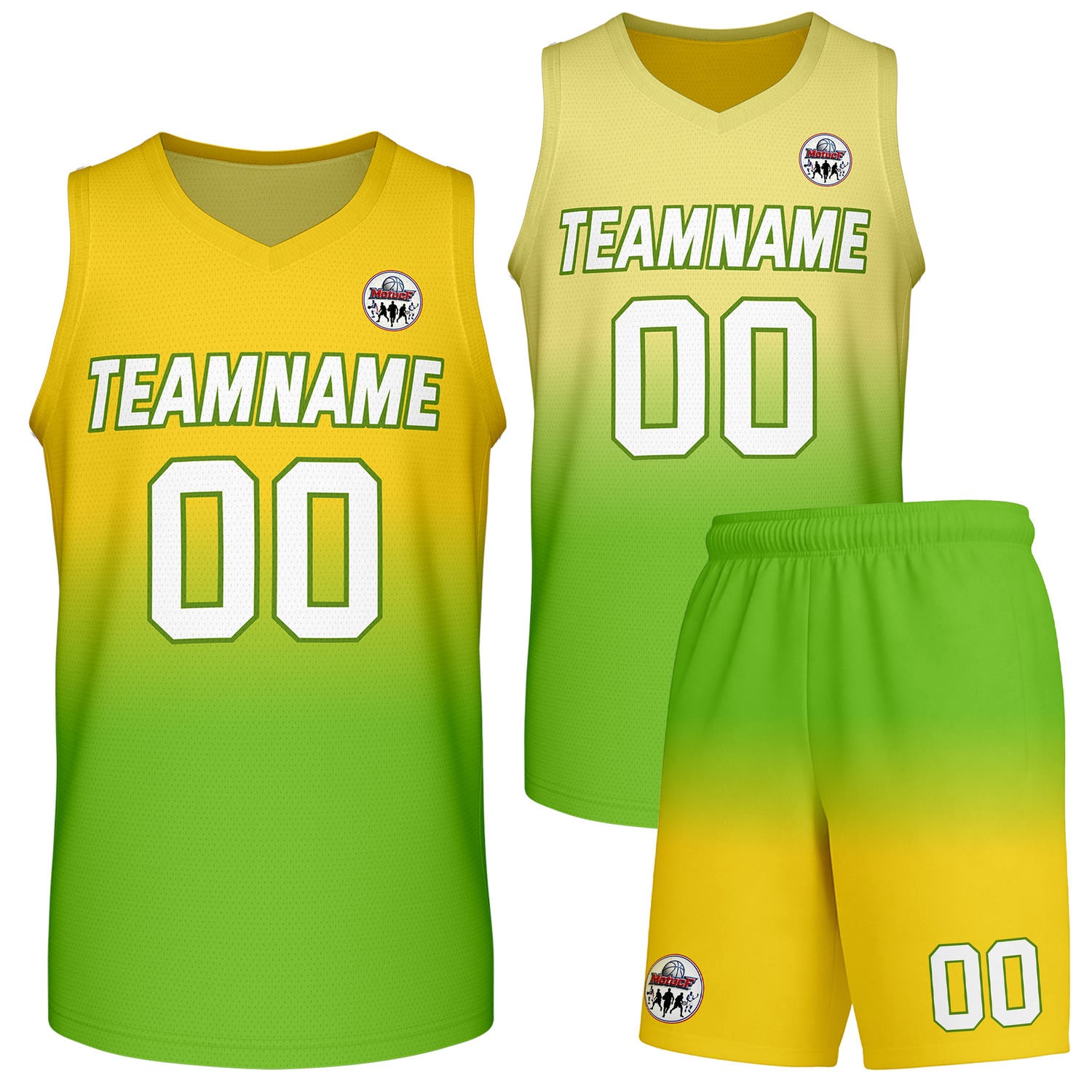 Custom yellow-to-green gradient basketball uniform set, personalized team name number logo breathable mesh sports jersey and shorts for men women youth game practice - Vosoli