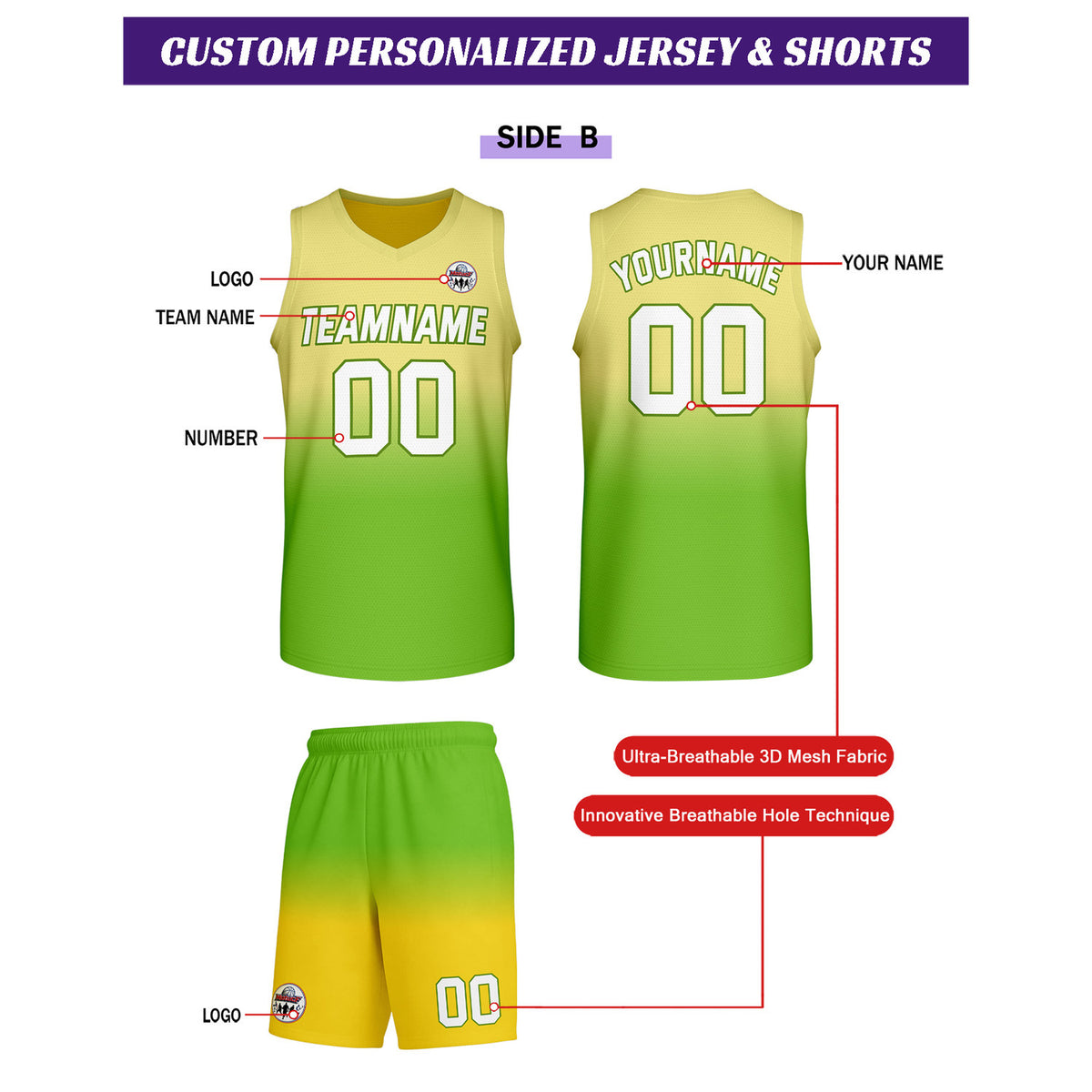 Custom Yellow-Green Gradient Basketball Uniform Set | Personalized Team Name & Number - Vosoli