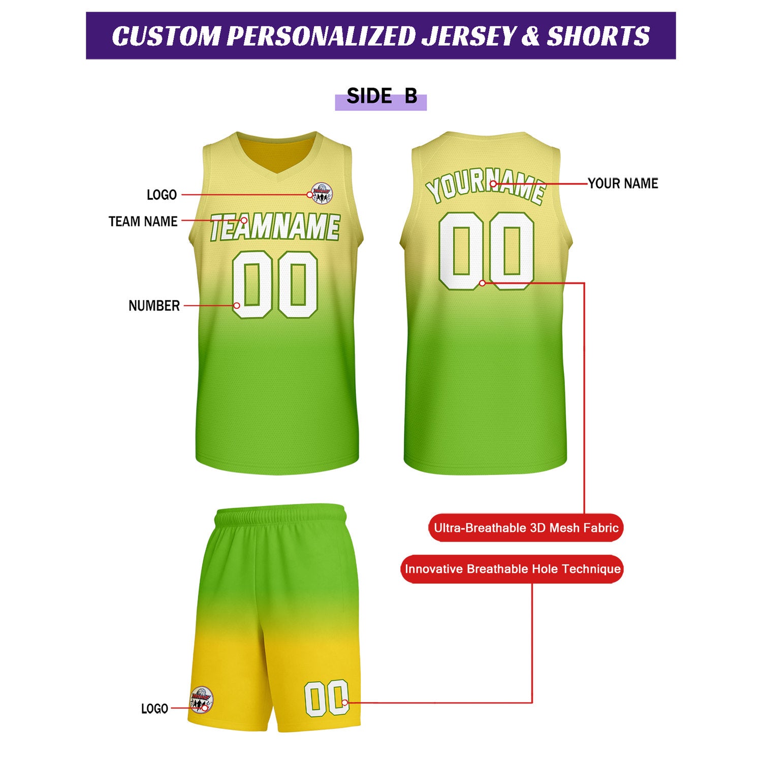 Custom Yellow-Green Gradient Basketball Uniform Set | Personalized Team Name & Number - Vosoli