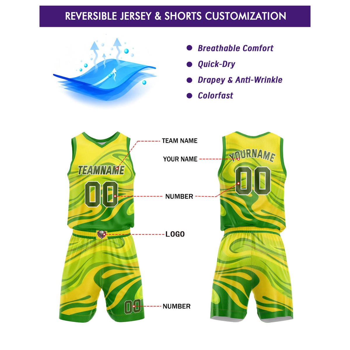 Custom Yellow Green Gradient Swirl Basketball Uniform | Personalized Team Kit - Vosoli