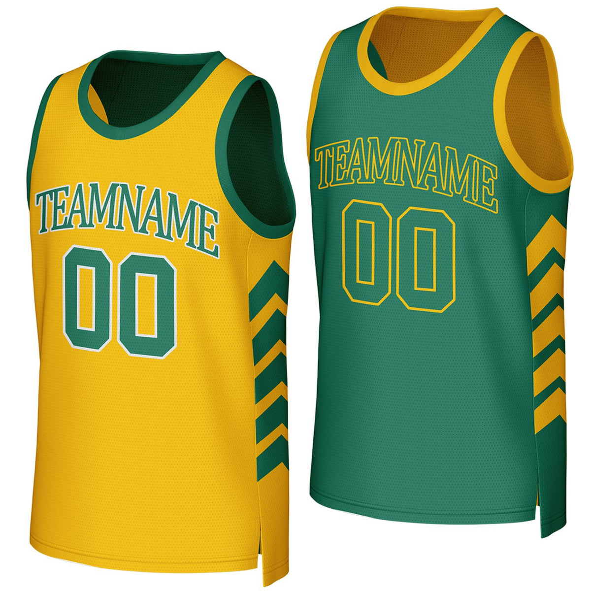Custom yellow & green reversible basketball jersey by Vosoli. Personalized with team name, player name, number, and logo on both sides. Breathable mesh 2-in-1 jersey for high school, college, AAU teams.