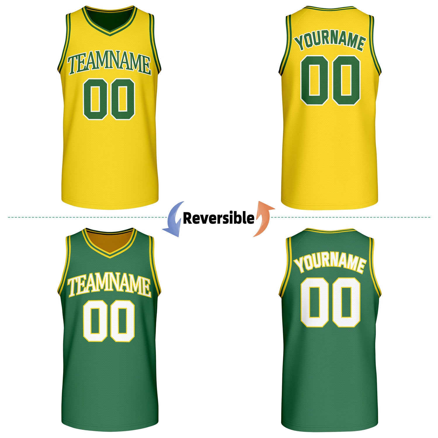 Custom reversible retro yellow & green basketball jersey, personalized team name & number, 2-in-1 sleeveless uniform for men women youth adult game practice - Vosoli