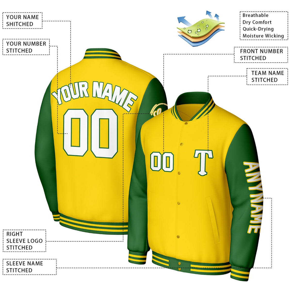 Custom Yellow & Green Varsity Baseball Jacket | Personalized Letterman Baseball Bomber for Adult & Youth