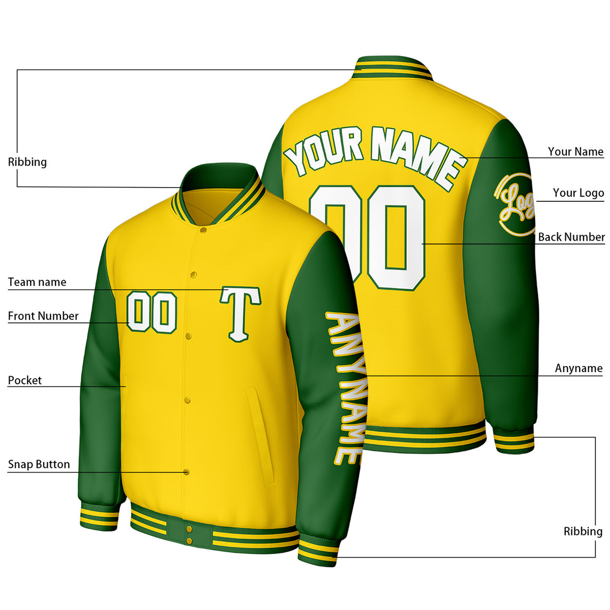 Custom Yellow & Green Varsity Baseball Jacket | Personalized Letterman Baseball Bomber for Adult & Youth