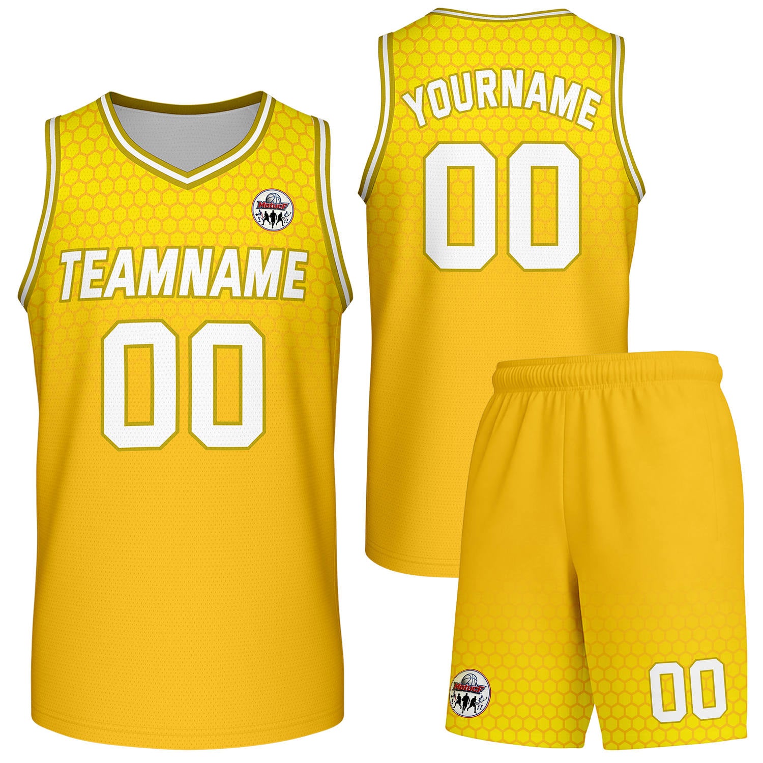 Custom yellow honeycomb-pattern basketball uniform set, personalized team name number logo breathable mesh jersey and shorts men women youth game practice - Vosoli