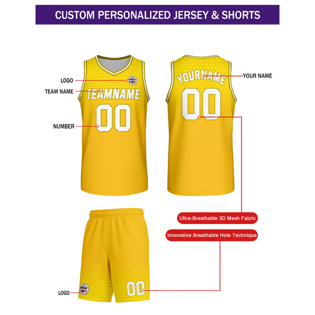 Custom Yellow Honeycomb Basketball Uniform Set | Personalized Team Name & Number - Vosoli