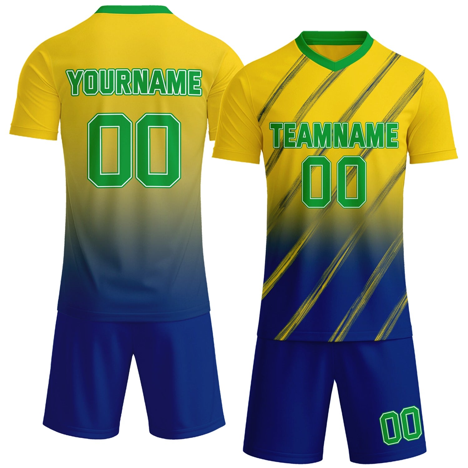 Custom yellow & navy blue gradient soccer jersey set, personalized name number team logo, short-sleeve jersey with matching shorts sports uniform for men women youth adult game practice - Vosoli