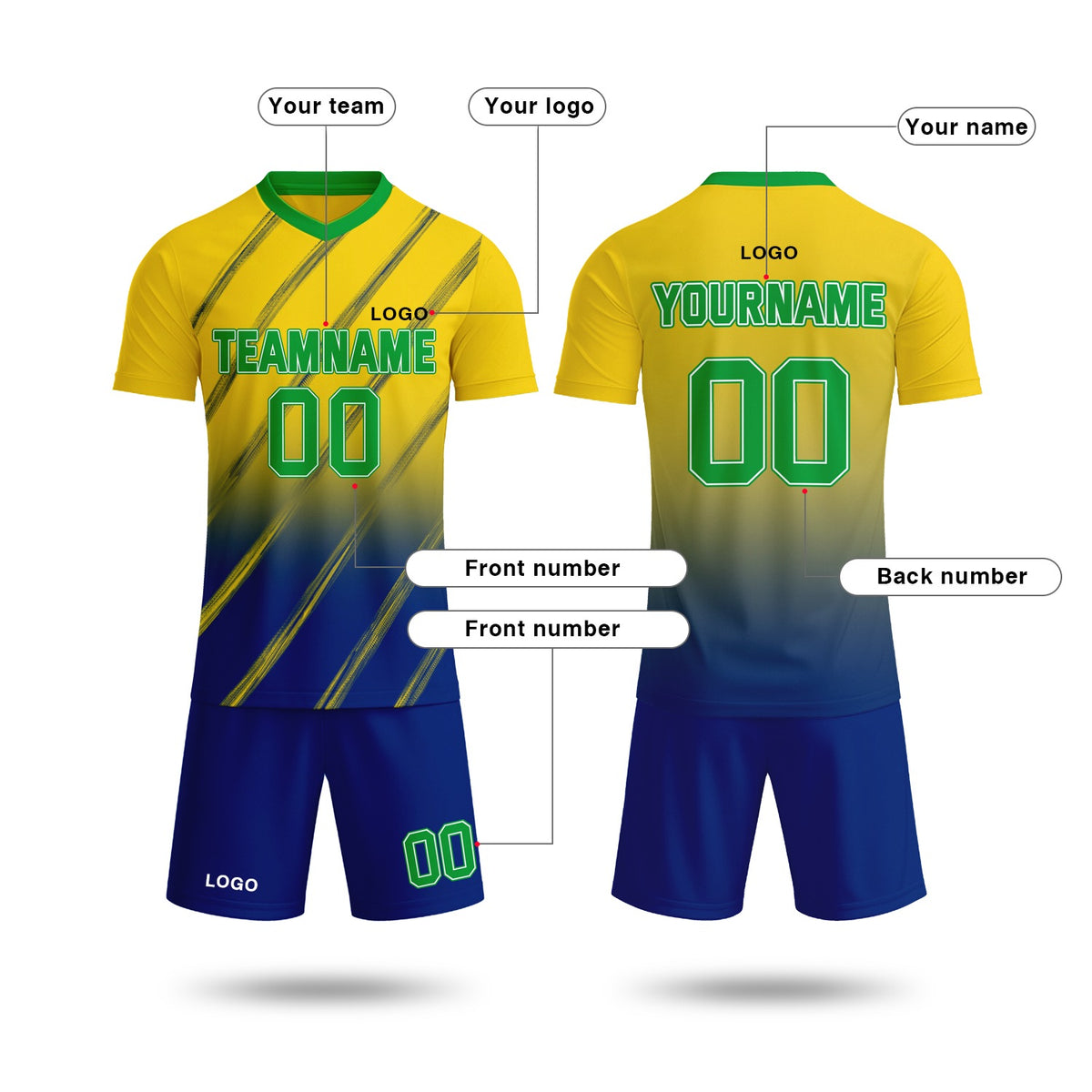 Custom Yellow & Navy Blue Gradient Soccer Jersey Set | Personalized Team Uniform | Vosoli