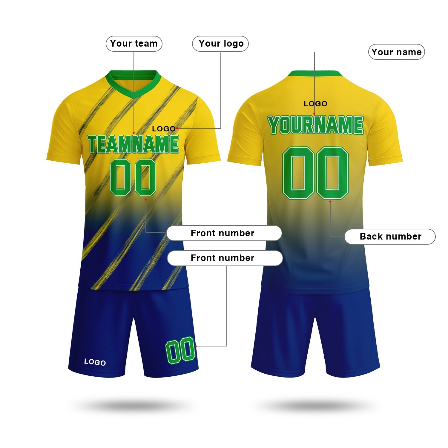 Custom yellow & navy blue gradient soccer jersey set, personalized name number team logo, short-sleeve jersey with matching shorts sports uniform for men women youth adult game practice - Vosoli