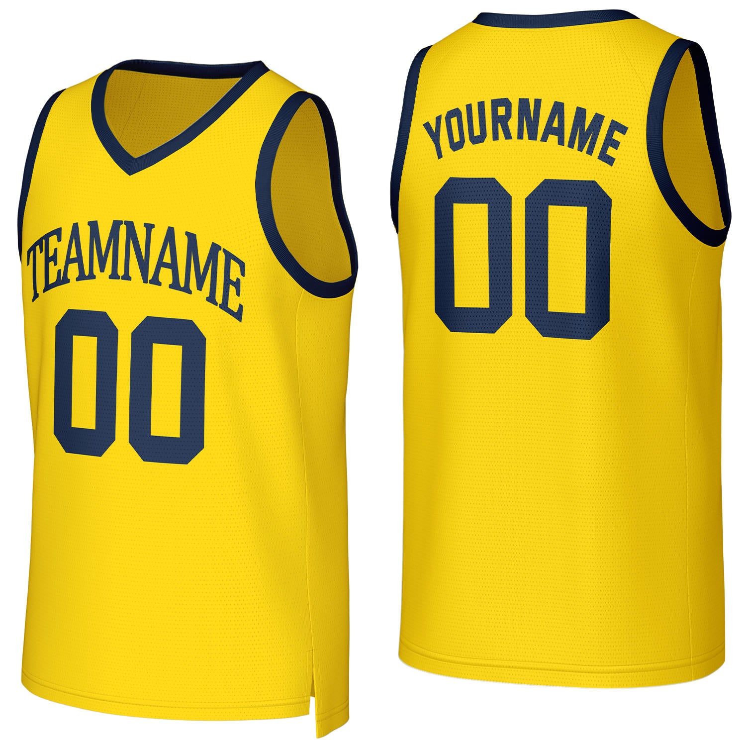Custom yellow & navy basketball jersey by Vosoli | Personalized stitched team name, number & logo | Breathable mesh sport jersey