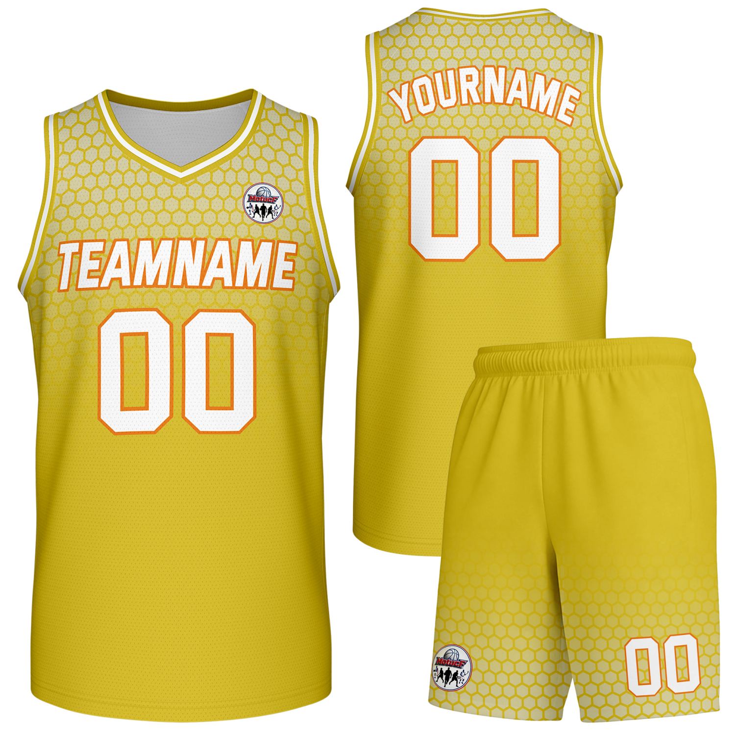 Custom yellow honeycomb-pattern basketball uniform set, personalized team name number logo breathable mesh jersey and shorts men women youth game practice - Vosoli