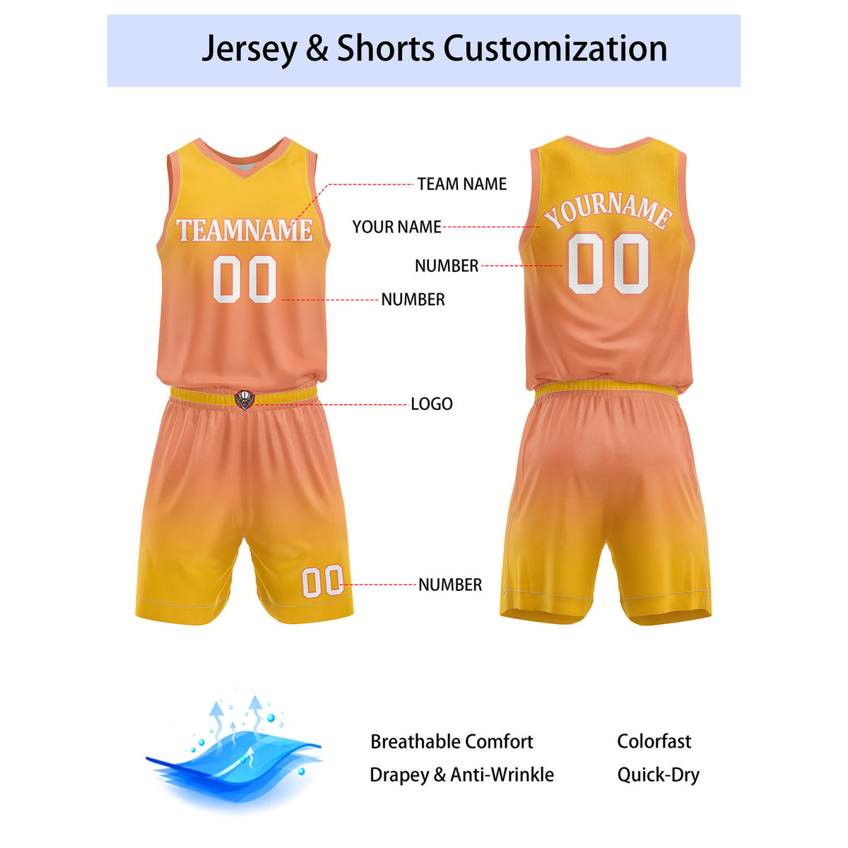 Custom Yellow & Peach Gradient Basketball Jersey + Shorts Set - Personalized Team Name, Number | Vosoli