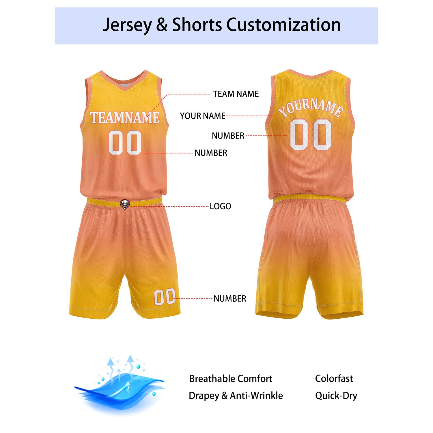 Custom Yellow & Peach Gradient Basketball Jersey + Shorts Set - Personalized Team Name, Number | Vosoli