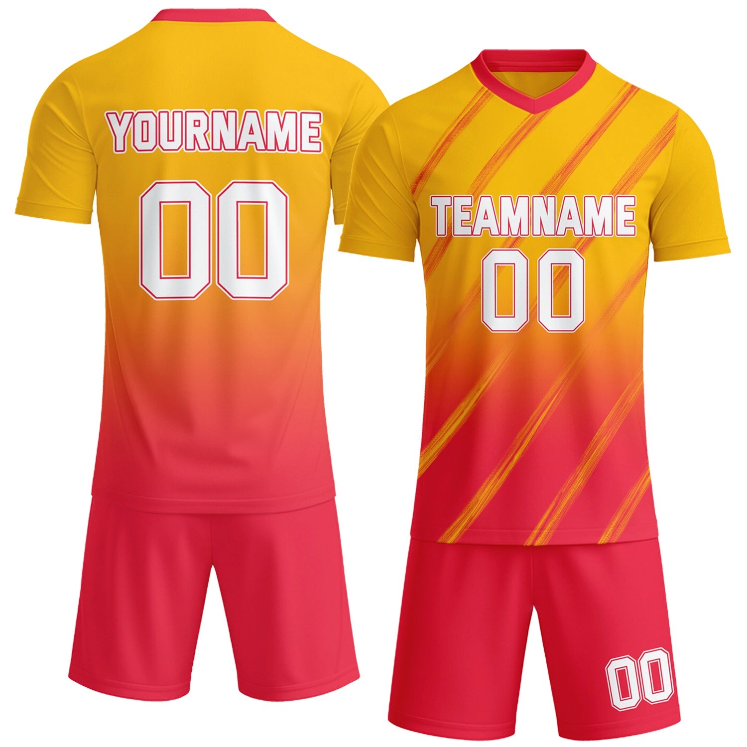 Custom yellow & pink gradient soccer jersey set, personalized name number team logo, short-sleeve jersey with matching shorts sports uniform for men women youth adult game practice - Vosoli