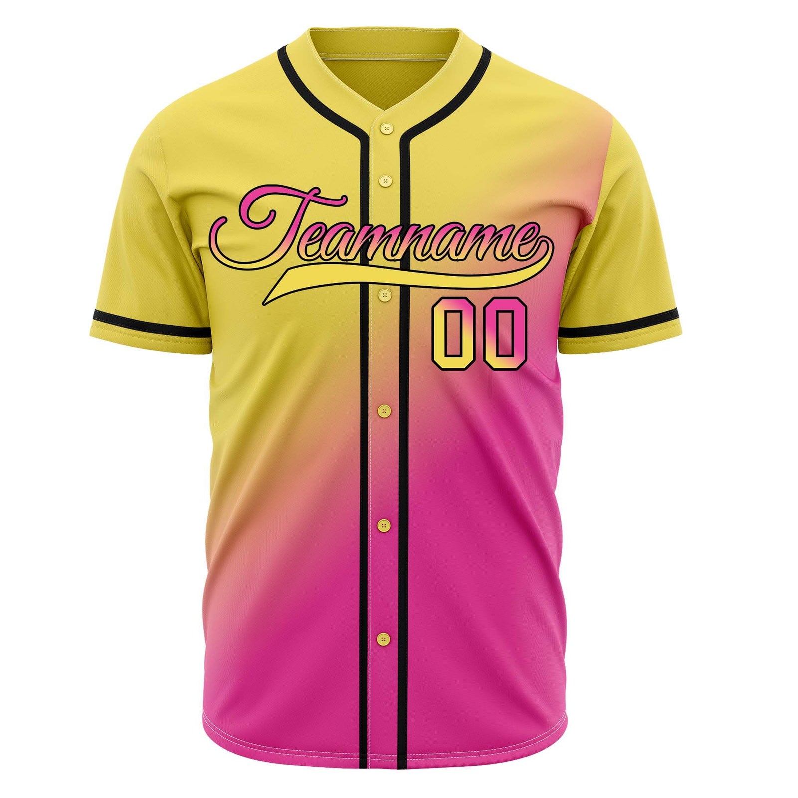 Custom yellow-to-pink gradient baseball jersey, personalized with team name and number logo, accented with black trim, breathable fabric suitable for men and women - Vosoli