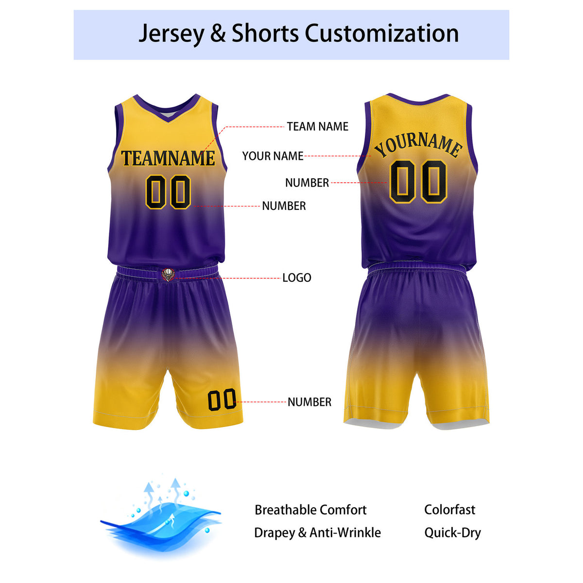 Custom Yellow & Purple Gradient Basketball Jersey + Shorts Set - Personalized Team Name, Number | Vosoli