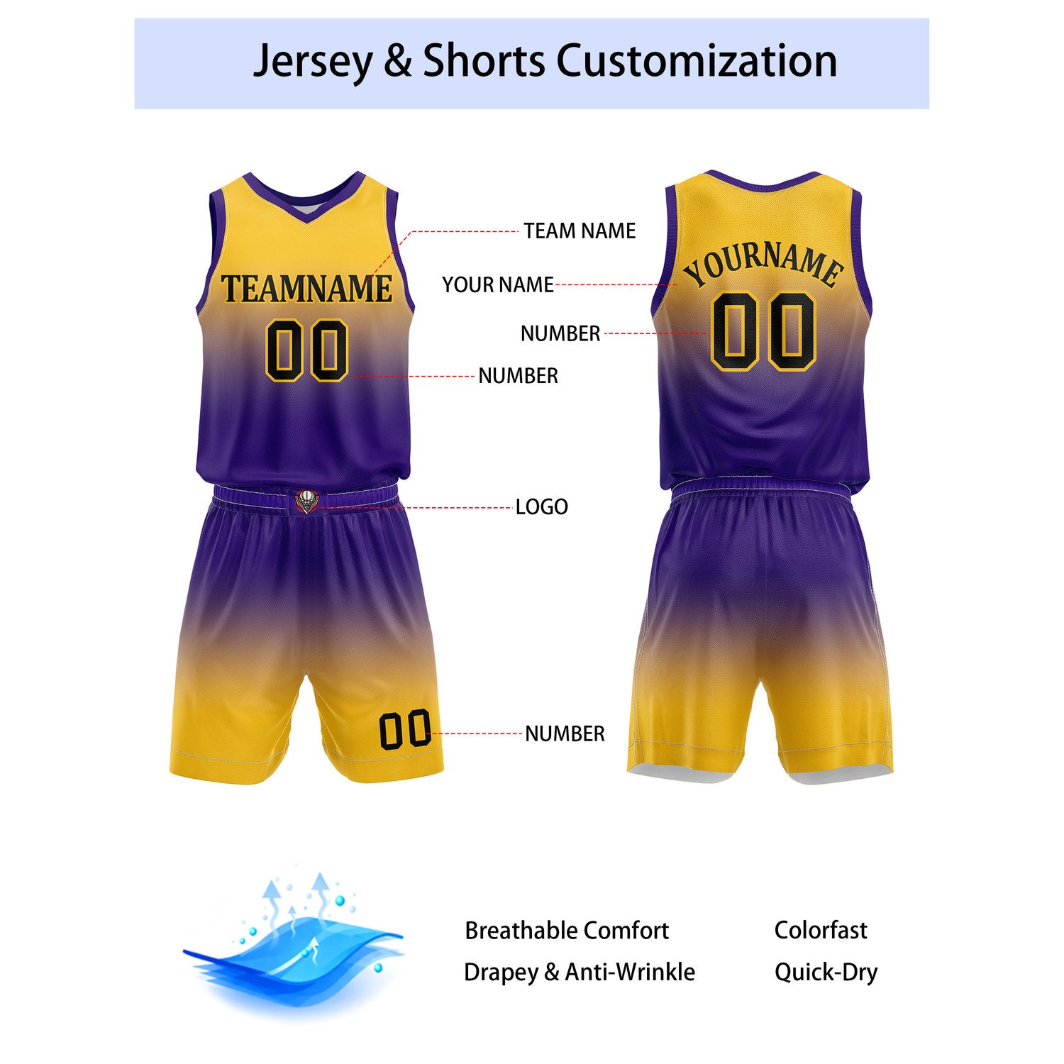 Custom Yellow & Purple Gradient Basketball Jersey + Shorts Set - Personalized Team Name, Number | Vosoli